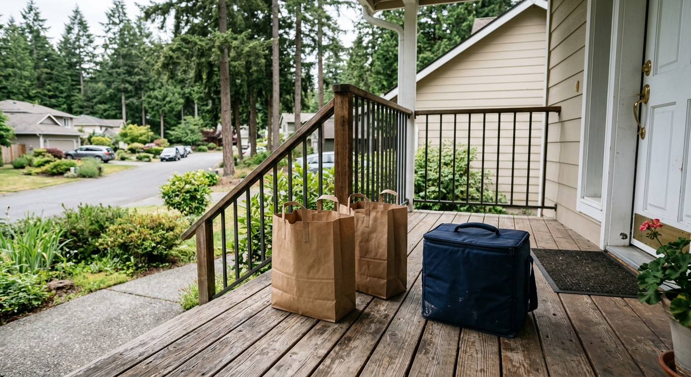 plain brown paper grocery bags and a generic insulated food delivery bag resting on a wooden porch of a suburban house, with tall pine trees and a quiet residen
