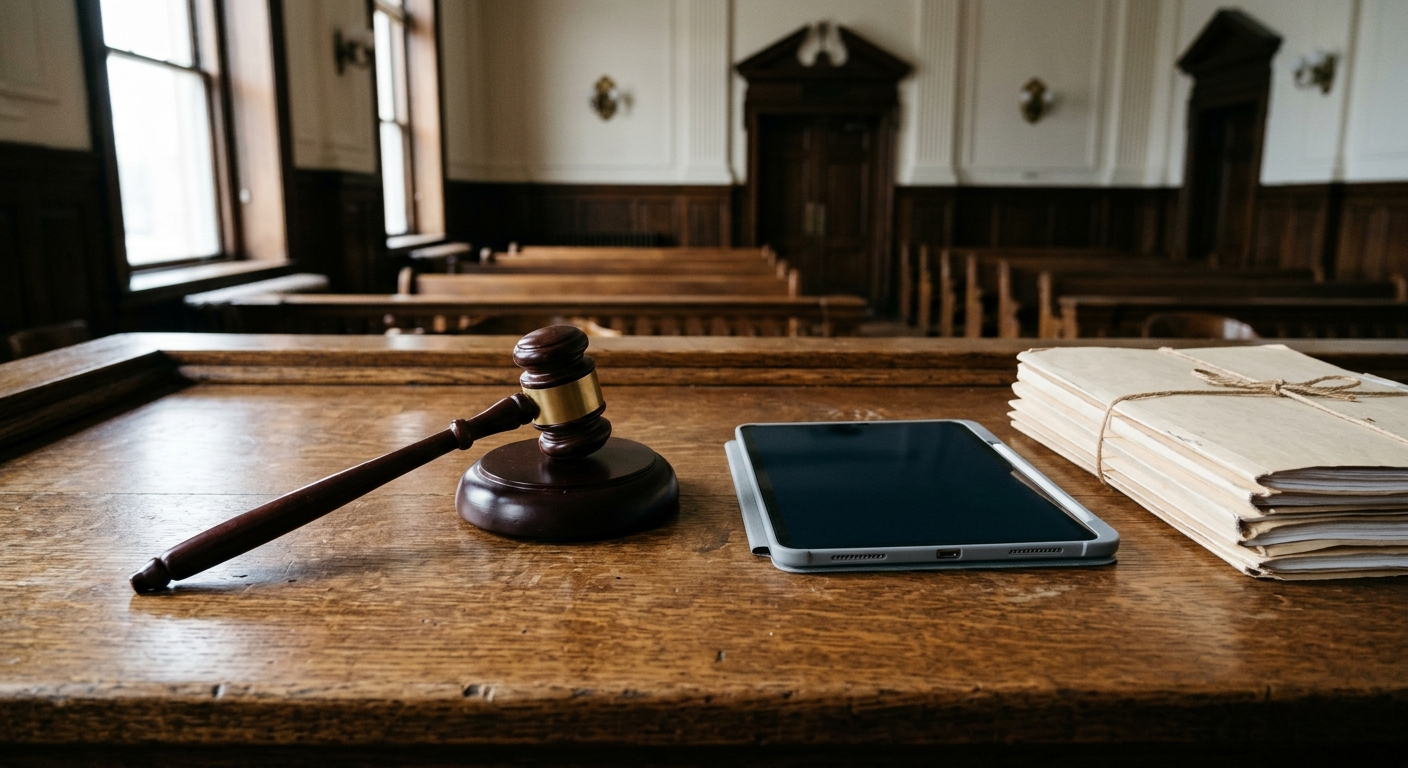 a wooden judge's gavel resting next to a modern digital tablet and a stack of manila case files on a heavy oak desk inside a quiet, traditional courtroom, natur