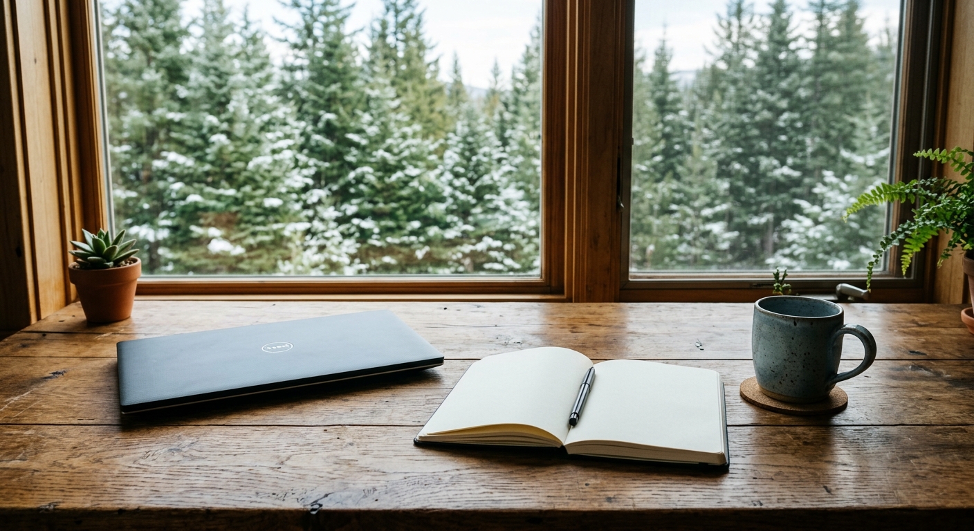 a laptop, an open notebook, and a ceramic coffee mug on a rustic wooden desk next to a window overlooking evergreen pine trees, representing a home office works