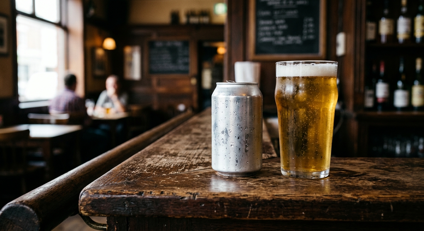 a cold aluminum beverage can sitting on a rustic wooden bar counter next to a glass of golden lager in a quiet local tavern, natural everyday lighting, shot on