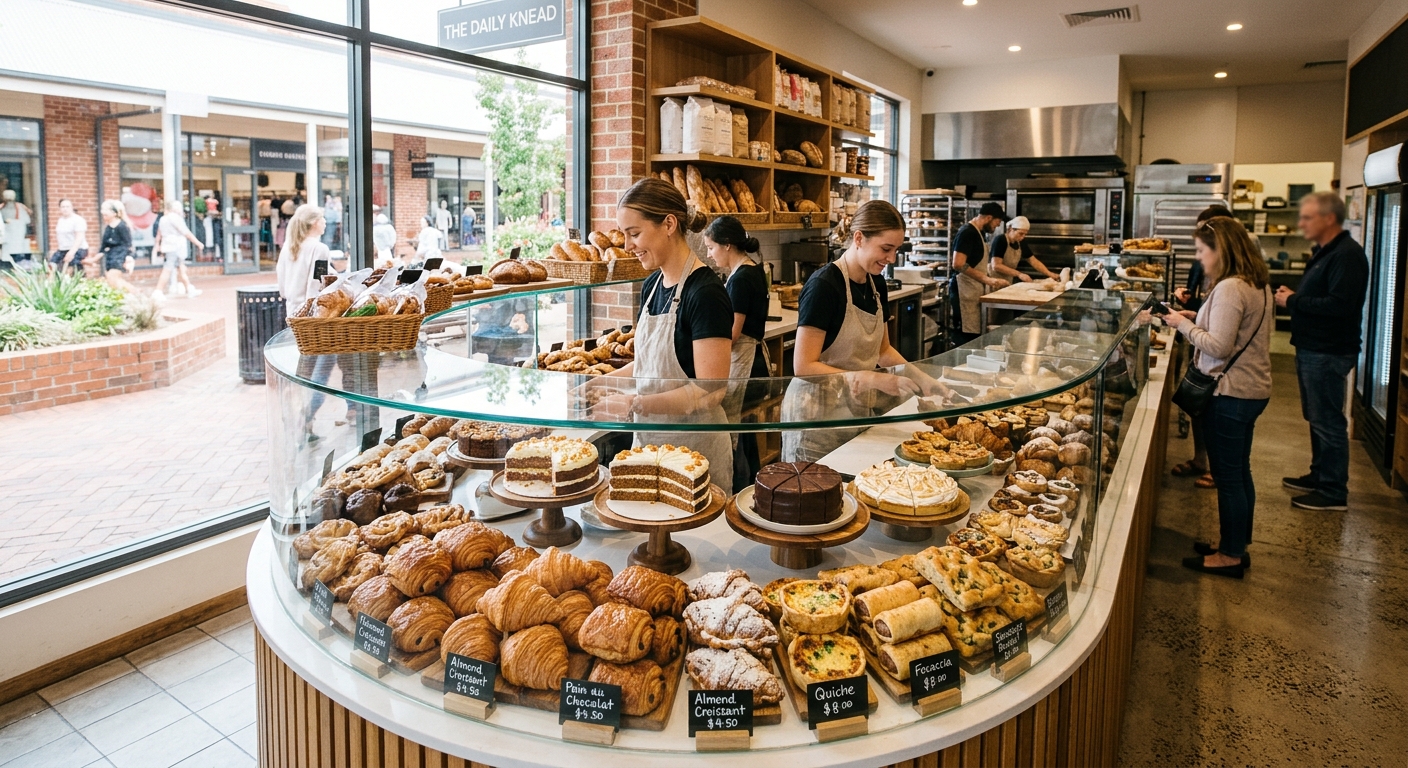 a brightly lit modern bakery interior featuring a glass display case filled with fresh croissants, layered cakes, and savory pastries, with a blurred view of an